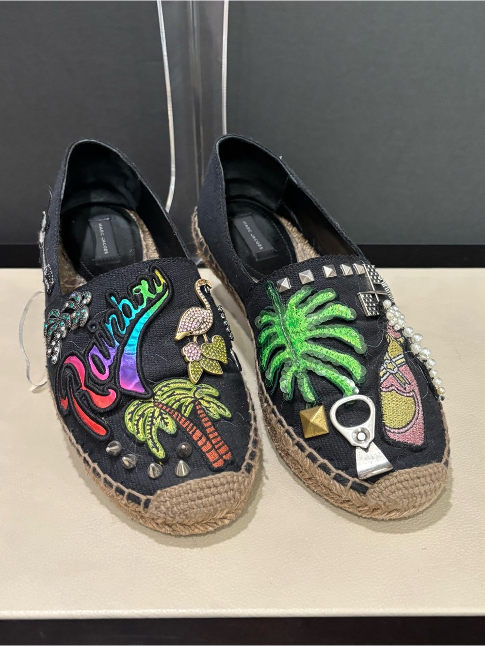 Marc Jacobs Embellished Black Canvas Espadrilles Size 35, 80s Retro Style